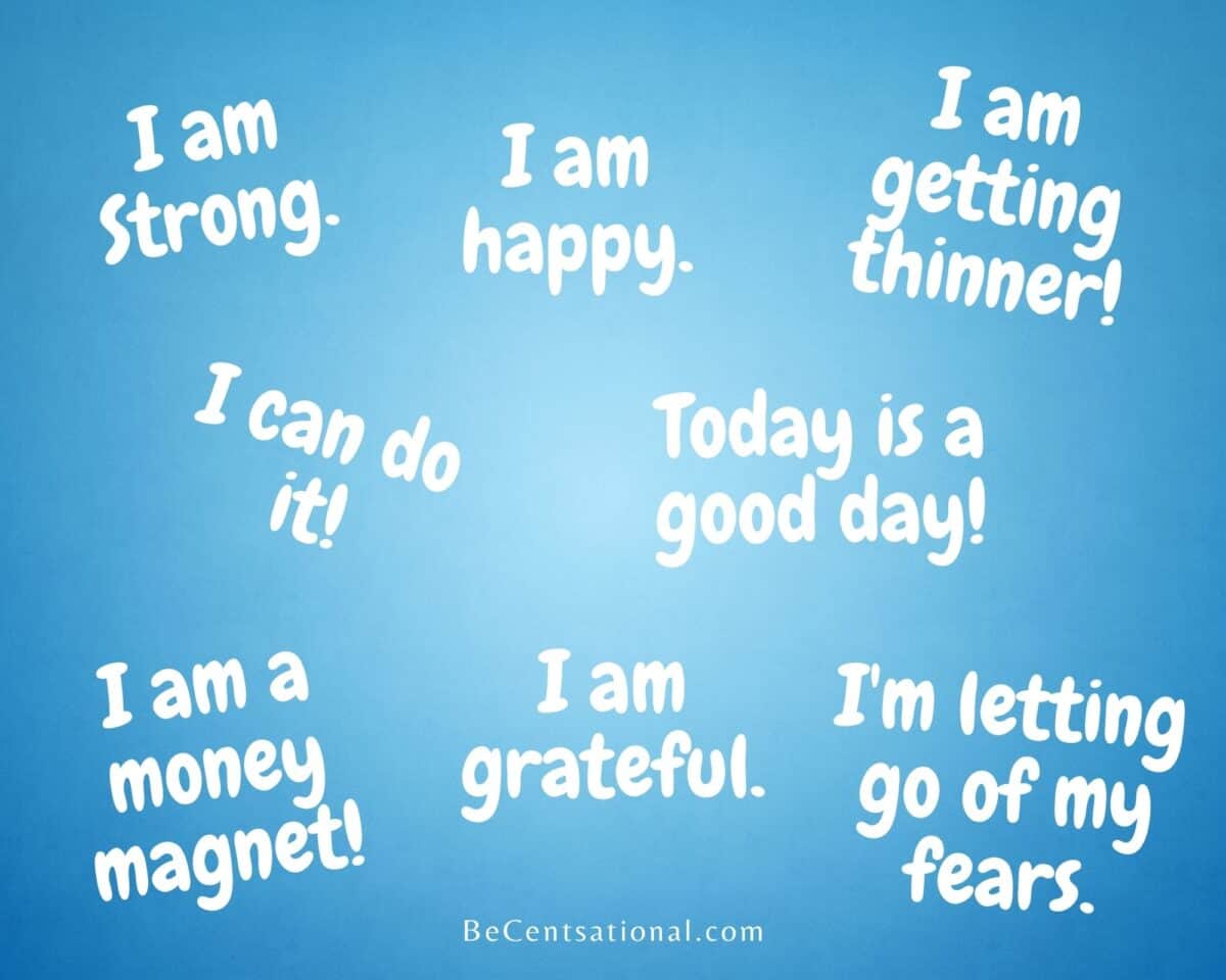 eight positive self esteem affirmations written in white letter on a baby blue background