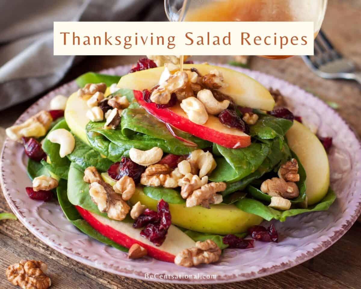 A Thanksgiving Salad Recipes of spinach red and yellow apples cranberries and walnuts. served in a beautiful artisan plate on top of a rustic wooden table.