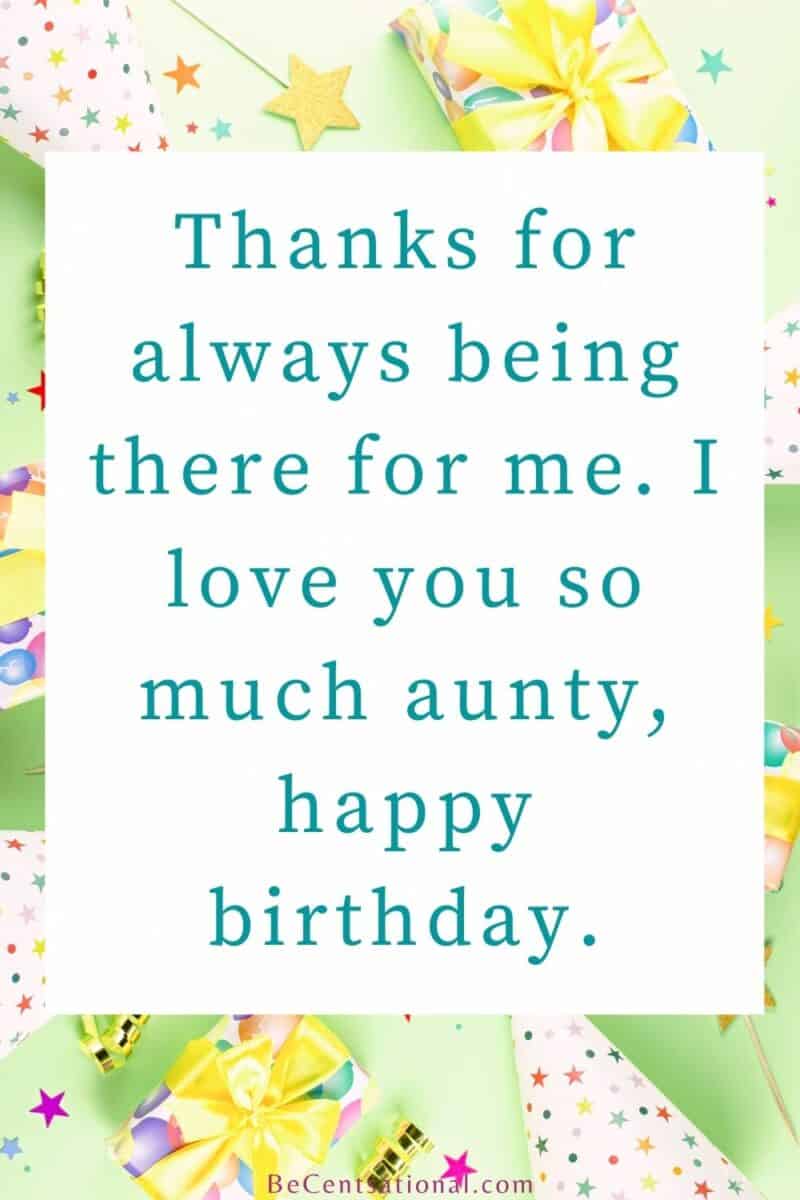 Thanks for always being there for me. I love you so much aunty, happy birthday written on a birthday party background with wrapped gifts, confetti, party hats and decorations.