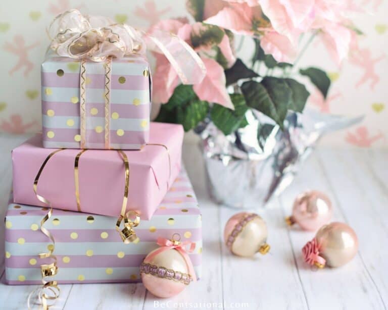 Birthday presents wrapped in soft pastels colors wrapping papers.