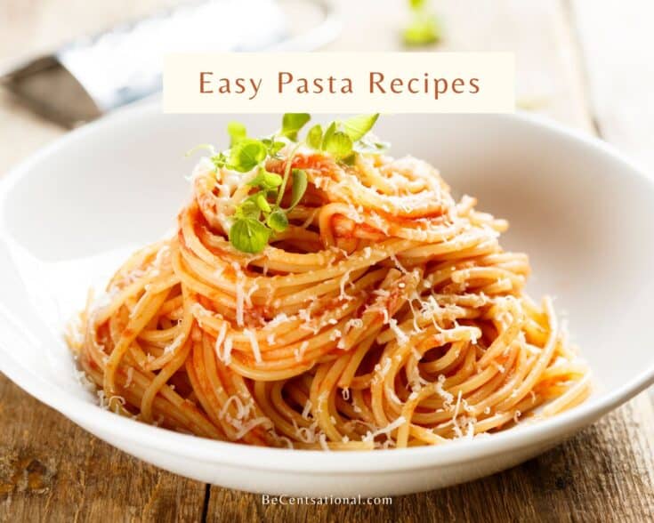 Easy pasta recipe with tomato sauce served on a white bowl.