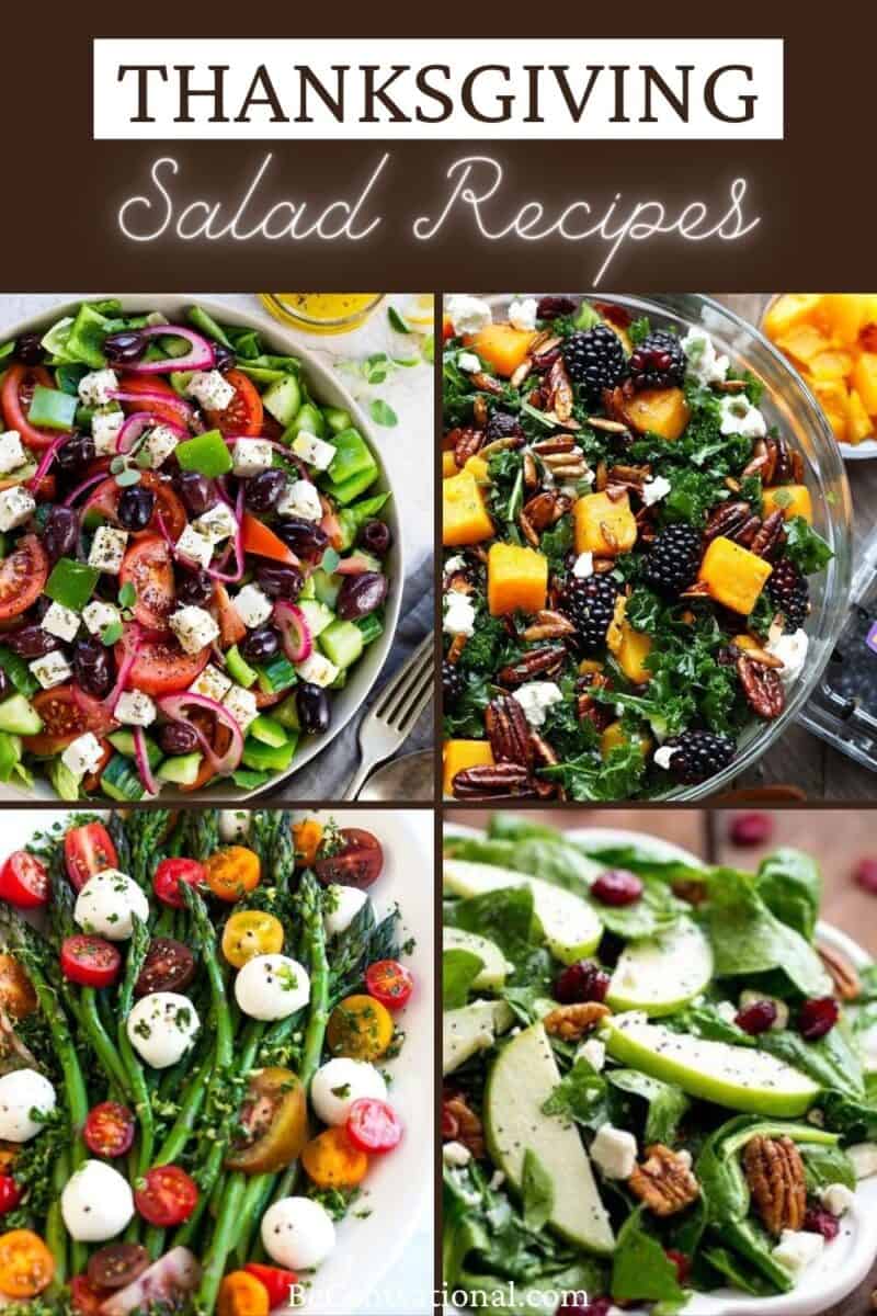 easy thanksgiving salad recipes . showcasing asparagus Caprese salad with proscuitto, cranberry apple pecan Salad, Roasted Butternut Squash Blackberry Salad and a tomato basic avocado mozzarella salad.