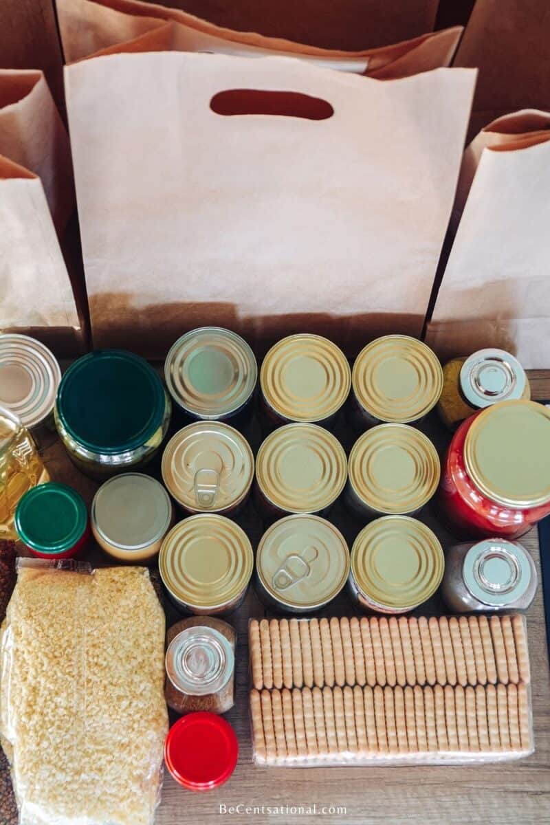 Canned vegetables, pastas and grains ready for emergency food stockpile