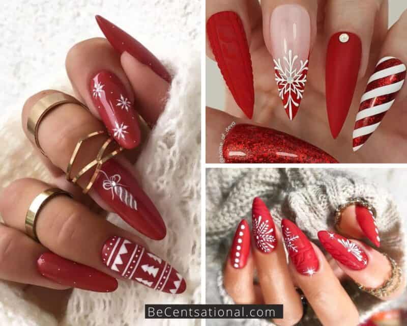 3 red Christmas nail art design.