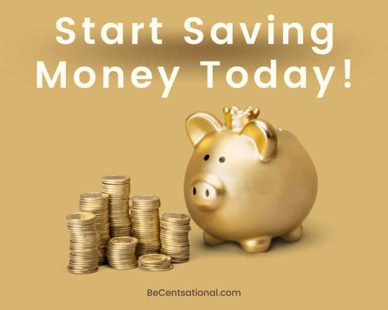 30 Helpful Tips to Start Saving Money Today! Gold piggy bank with gold coins on a golden background.