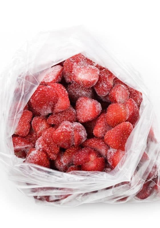 Bag of frozen strawberries.