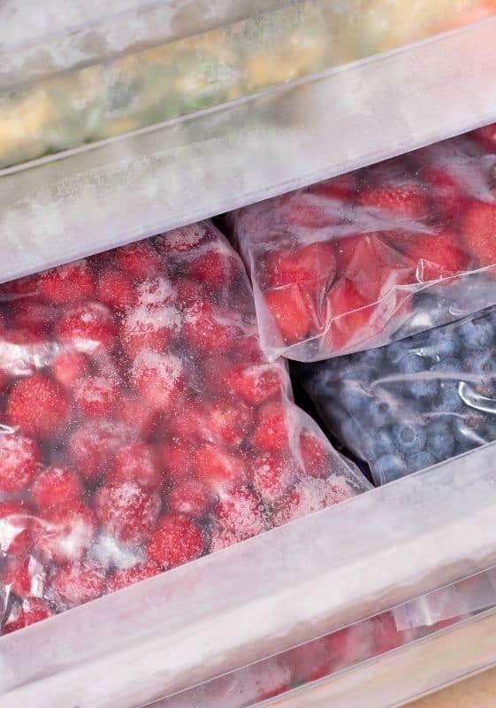 3 ziplock bags of frozen raspberries, blueberries and strawberries.