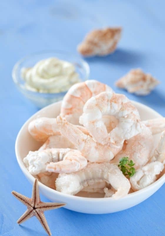 Frozen raw shrimps on a white bowl on a blue background. Can you refreeze shrimp?.