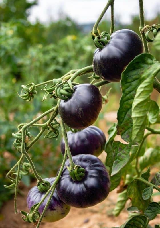 Blue tomatoes on a vine.