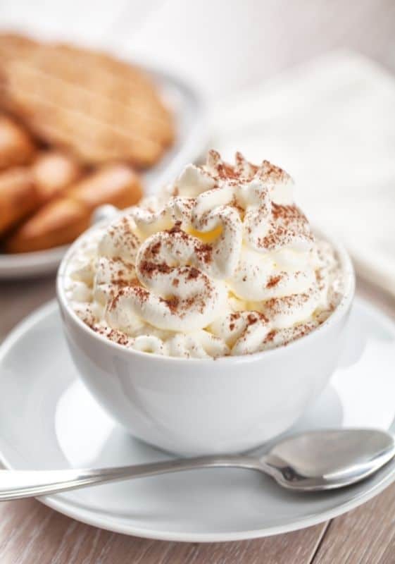 A cup of hot cocoa topped with leftover whipped cream.