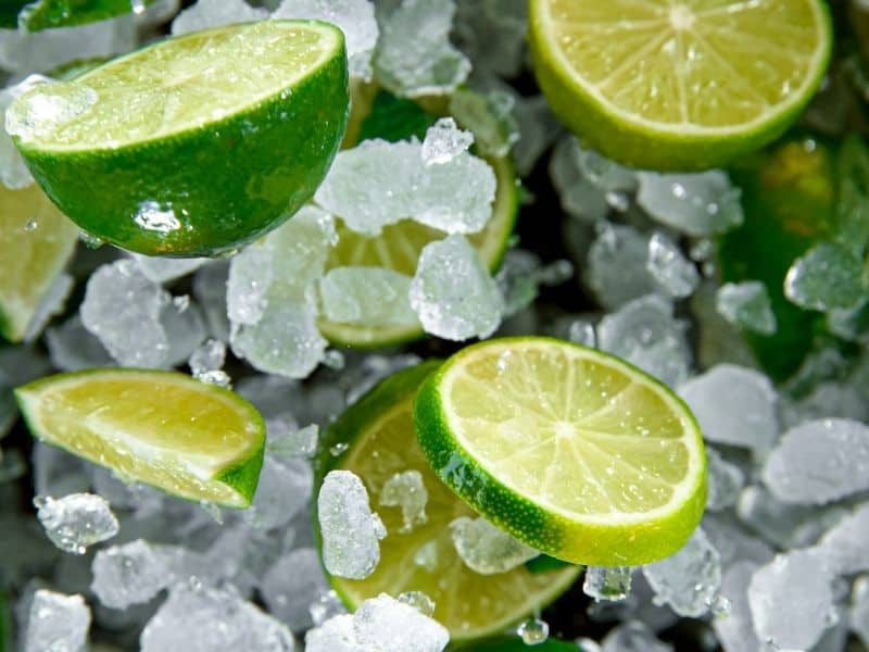 Whole limes, slices of limes and half limes defrosting on pieces of ice. How to Thaw Frozen Limes?