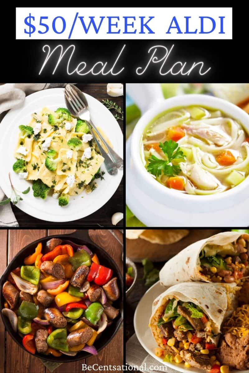 $50 a week aldi meal plan. Four images of cheap recipes.