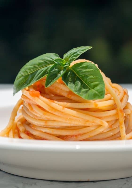 Closeup side view of pasta with tomato sauce garnished with basil leaves served on a white deep plate on a dark background.