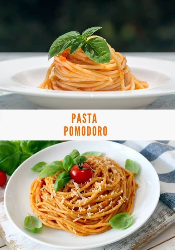 Top image is a closeup side view of pasta with tomato sauce garnished with basil leaves served on a white deep plate on a dark background. Bottom image is an aerial view of Spaghetti Pomodoro served on a white plate and garnished with fresh basil leaves and  a cherry tomato.