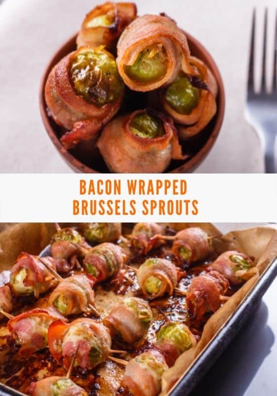 Top image a closeup view of a bowl of Wrapped Bacon Brussels Sprouts appetizers. Bottom image is a Baked tray of bacon wrapped Brussels sprouts.