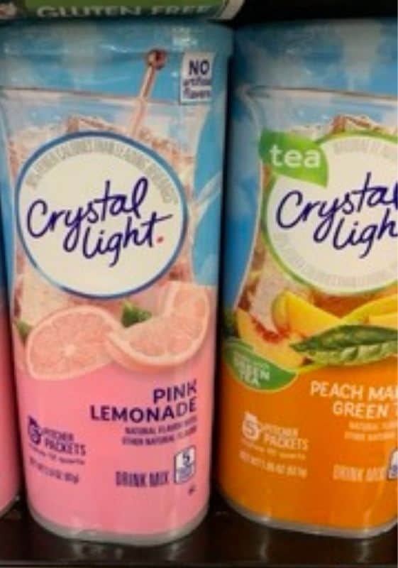 Two crystal light containers, pink lemonade and peach mango green tea. Does Crystal Light Powder go bad.