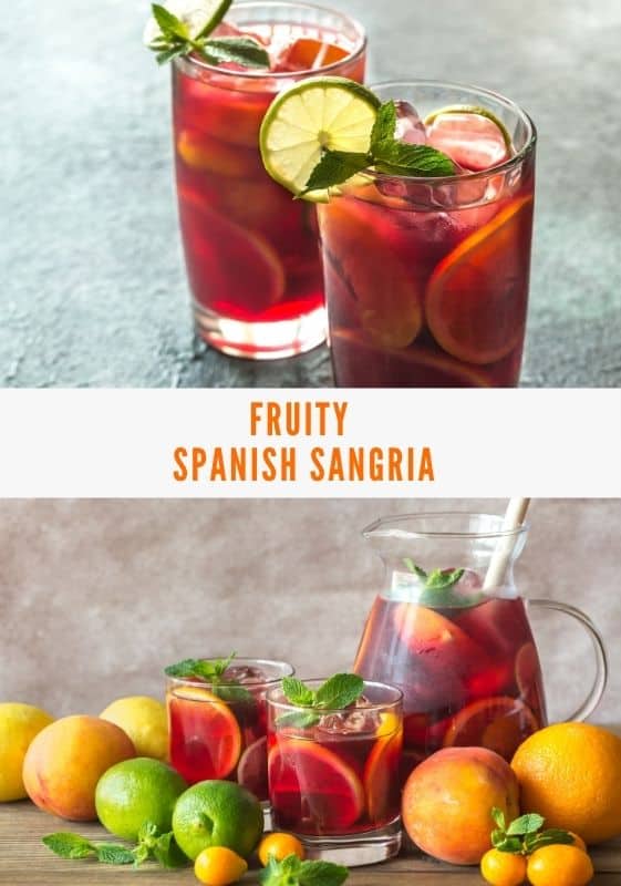 Side view of traditional Spanish red sangria pitcher and four glasses garnished with fruits in a gray background.