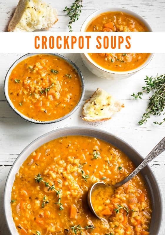 crockpot soups featuring a bowl with lentil soups made in the slow cooker.