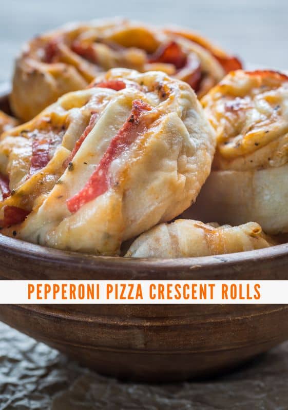 Pepperoni Pizza Crescent Rolls served in a wooden bowl.