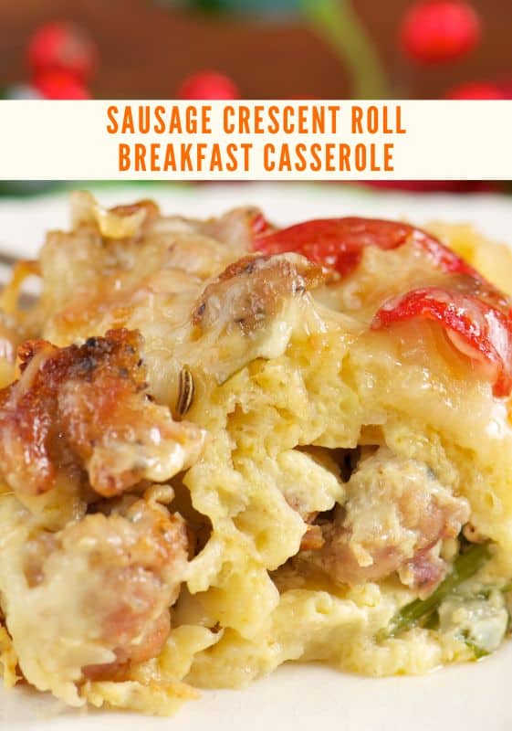A serving of Sausage crescent roll breakfast casserole.