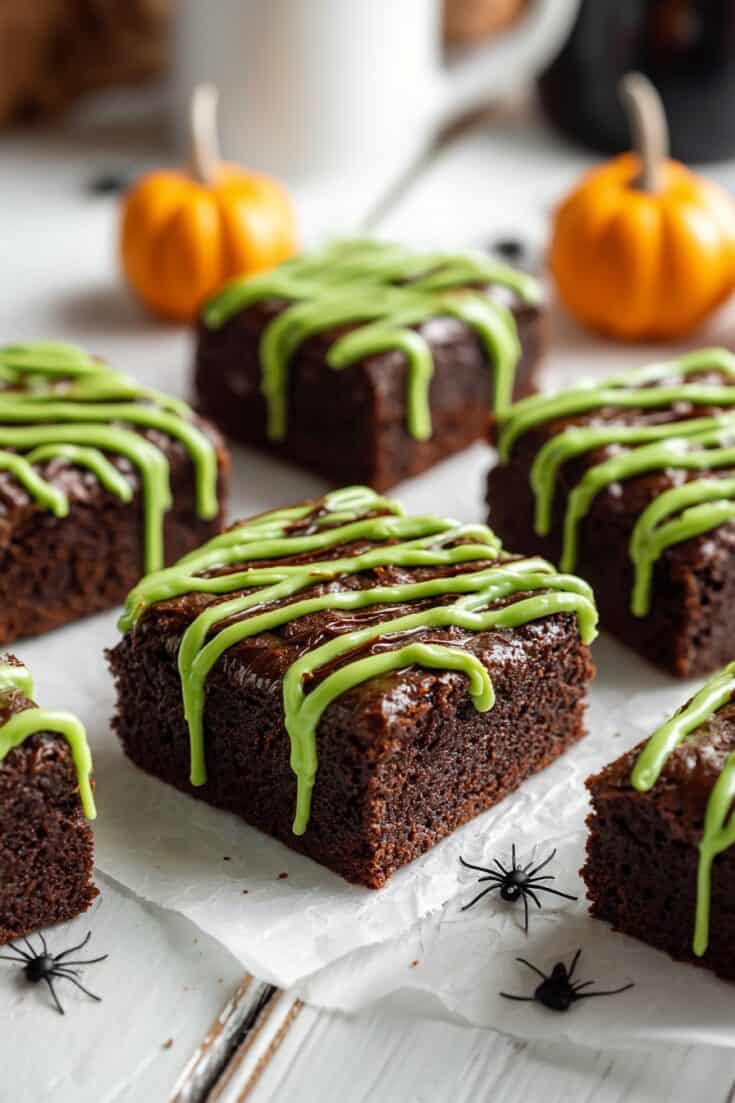 halloween brownies with green drizzled frosting.