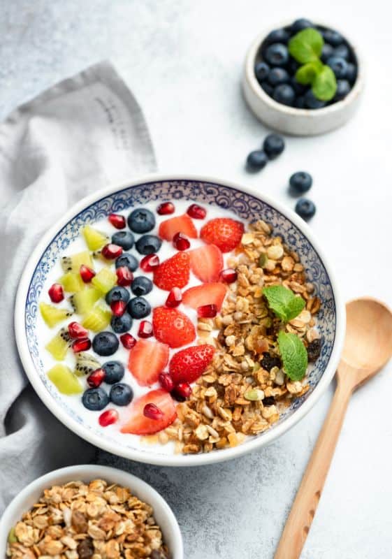 Weight Watchers Breakfast Recipes. Breakfast bowl with fruits, granola and yogurt.