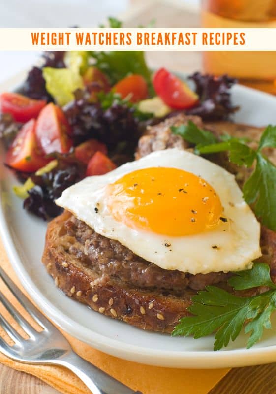 Weight Watchers Breakfast Recipes. Whole wheat toast with sausage patty, fried egg and a side salad.