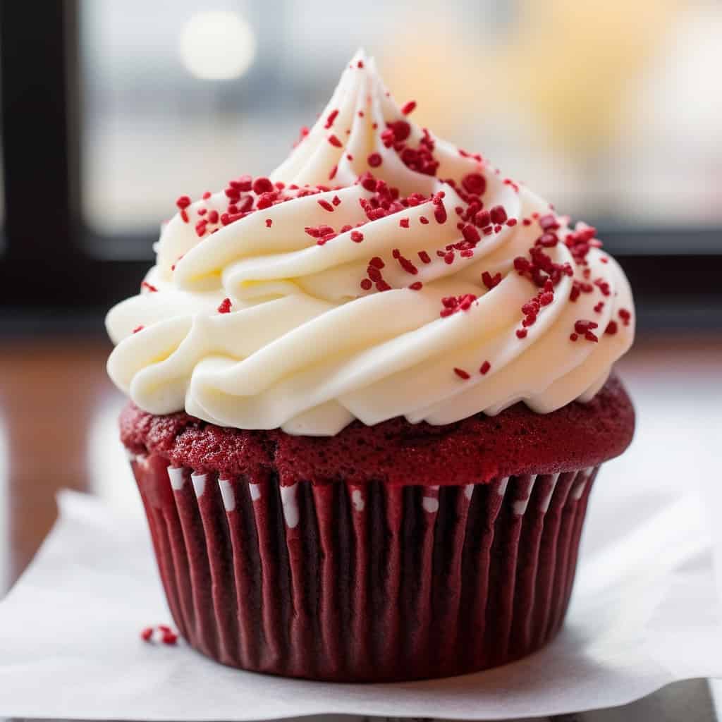 A close-up view of red velvet cupcakes with creamy white cream cheese frosting, garnished with red velvet crumbs on top, displayed on a wooden table.
