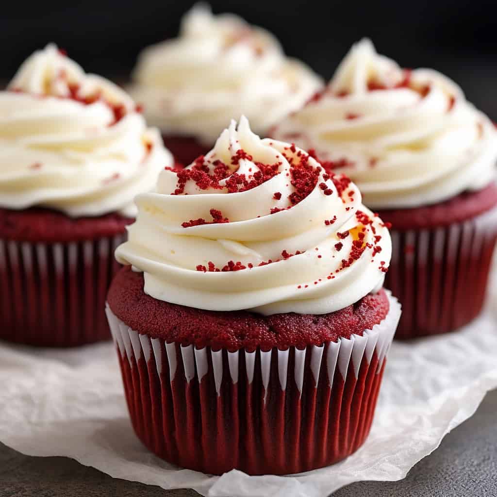 Close-up view of three red velvet cupcakes, each crowned with a luxurious layer of cream cheese frosting. The frosting is piped in a delicate, swirling pattern, and the cupcakes are set against a dark background. 