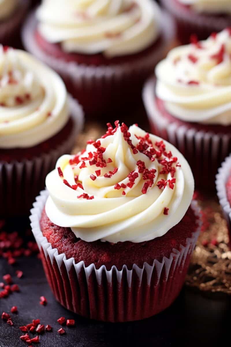 Red velvet cupcakes topped with swirls of white cream cheese frosting and a sprinkle of red crumbs on a white plate, set against a light background.