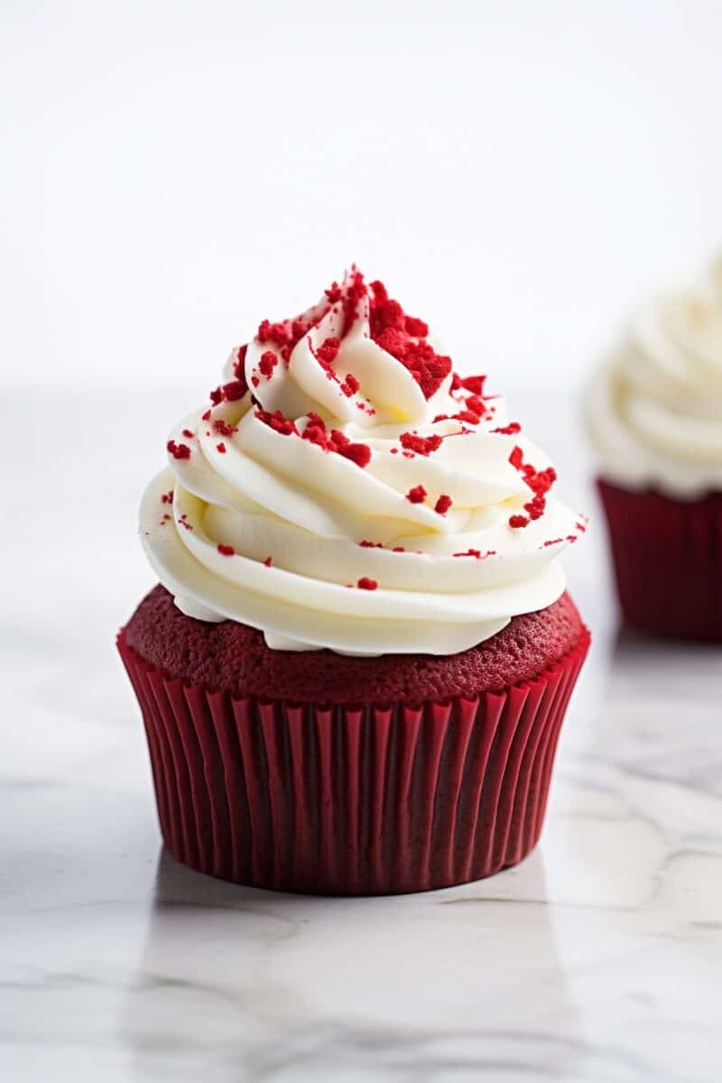 A close-up image of three red velvet cupcakes with rich cream cheese frosting. The cupcakes are placed on a white plate, with the frosting piped in a swirling pattern. 