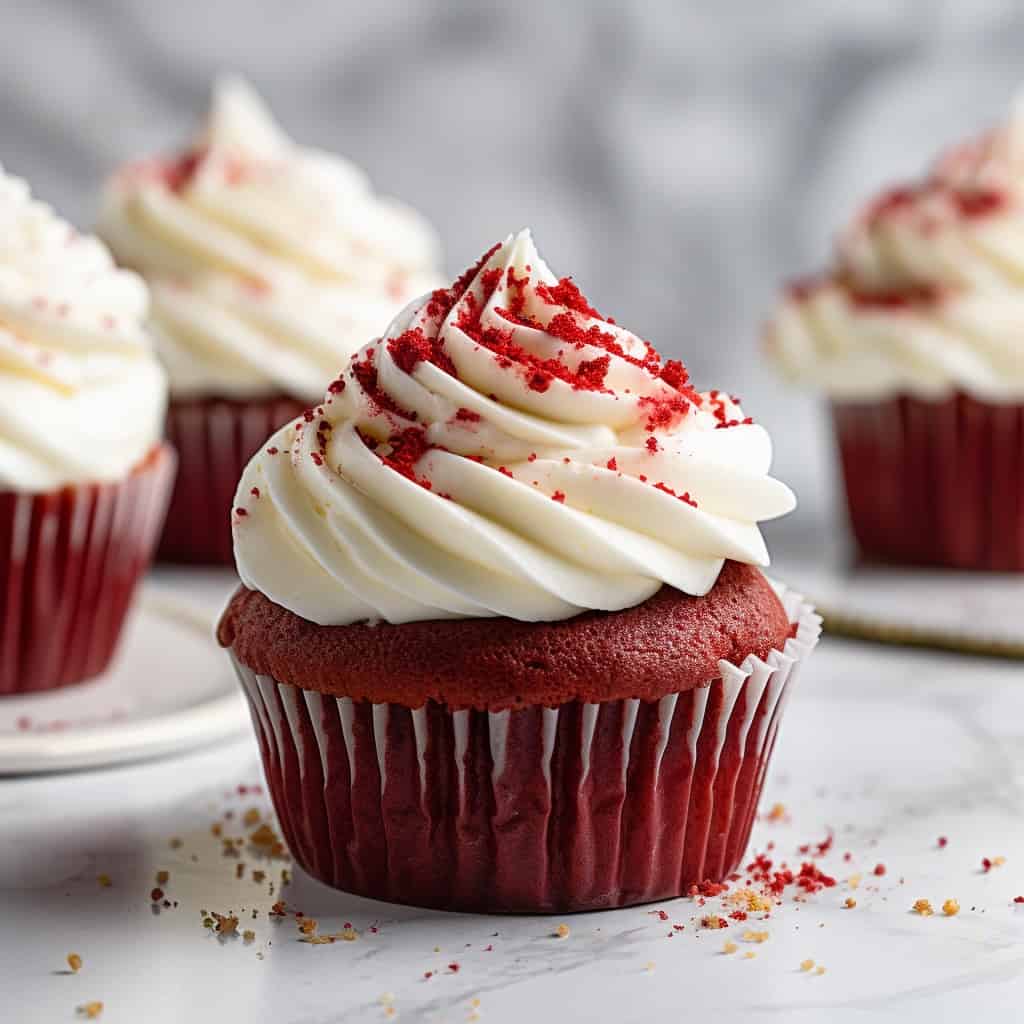 A vivid image of red velvet cupcakes with cream cheese frosting. The cupcakes have a deep, rich red color and are perfectly baked, with a moist and fluffy texture. They are topped with a generous swirl of smooth, creamy, white cream cheese frosting, creating a striking contrast against the red of the cupcakes. Each cupcake is garnished with a small red velvet crumb on top, adding an extra touch of elegance. 