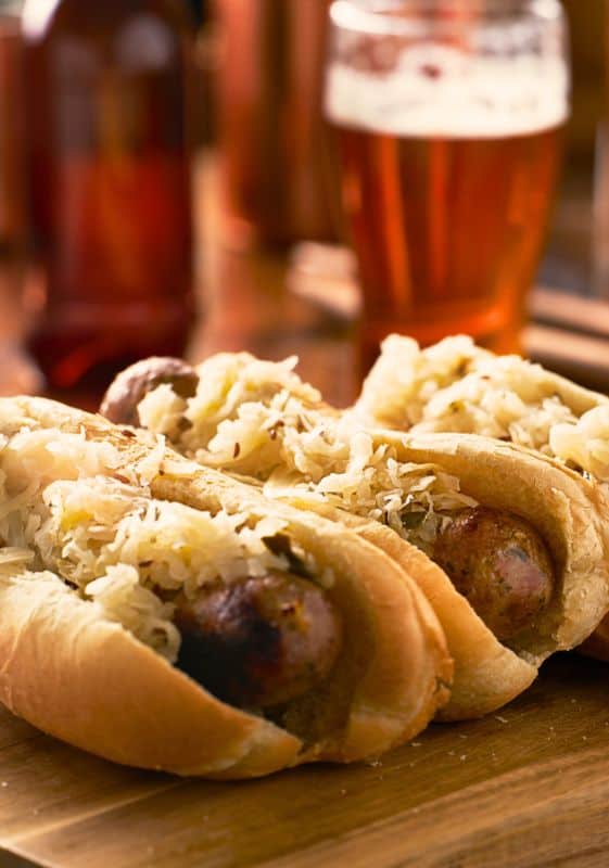 Beer brats cooked in the slow cooker.