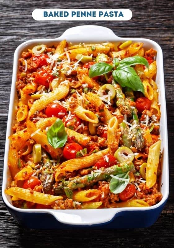 Baked penne on a baking ceramic dish.
