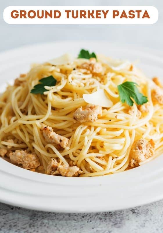 Closeup view of a plate of ground turkey pasta.