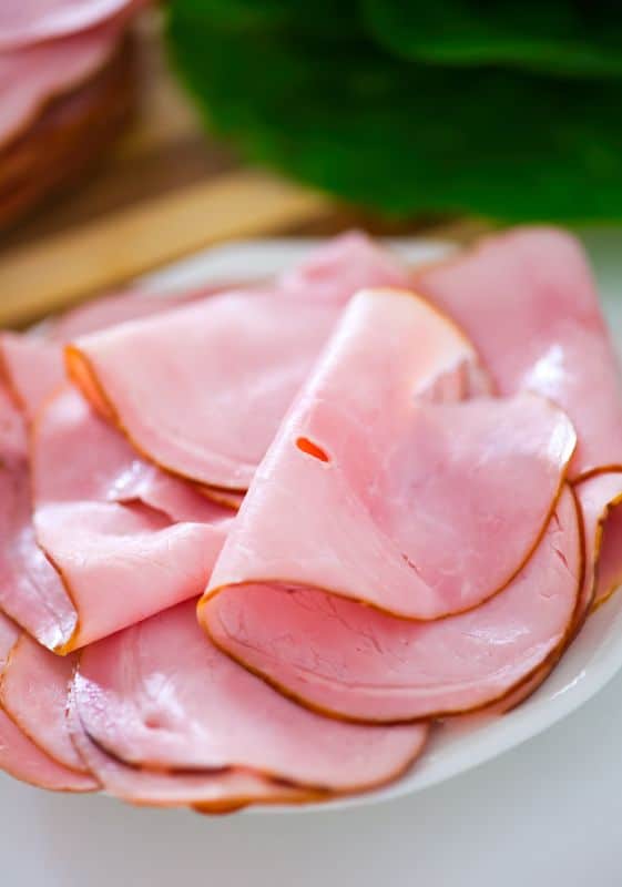 Ham sliced topping for a pizza.