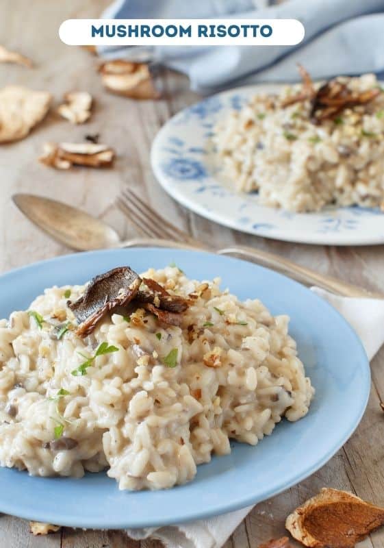 Mushroom risotto on a blue plate.
