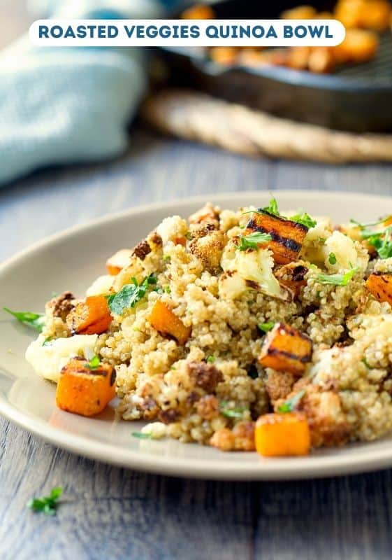 roasted vegetable with quinoa on a white plate.