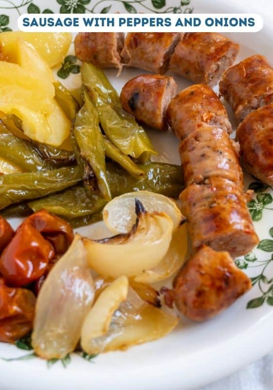 Sausages with onions and peppers.