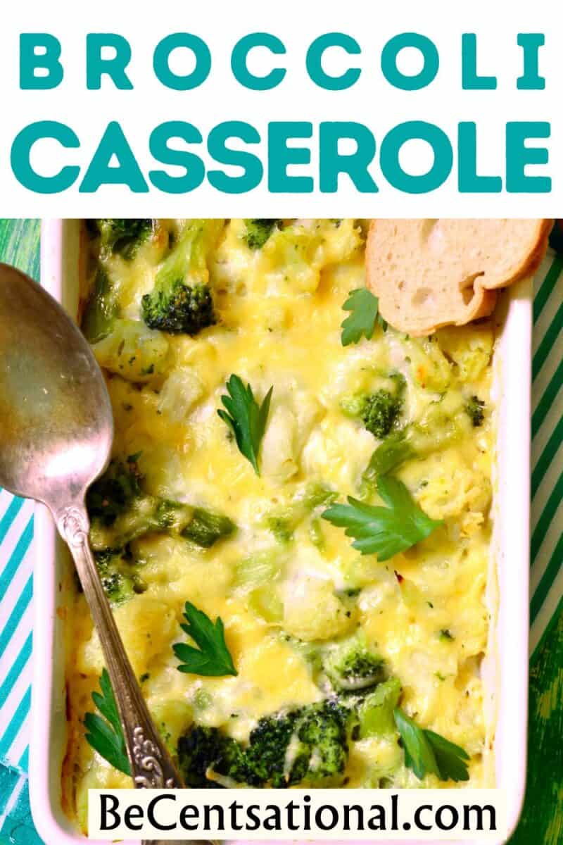 An overhead shot of a rectangular Broccoli Casserole dish, beautifully garnished with a sprinkling of fresh parsley.