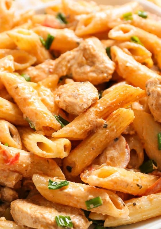 Closeup photo of chicken parmesan pasta.