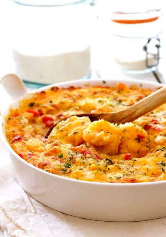 Spicy Shrimp and Grits Casserole with Gouda Cheese.