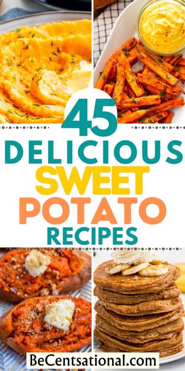 Pin image showing 6 sweet potato dishes.