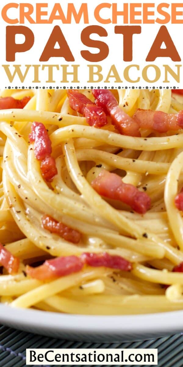 Cream Cheese Pasta with Bacon: A delectable creamy pasta dish featuring cream cheese, bacon, and linguine, prepared in just 20 minutes for a quick and satisfying dinner.