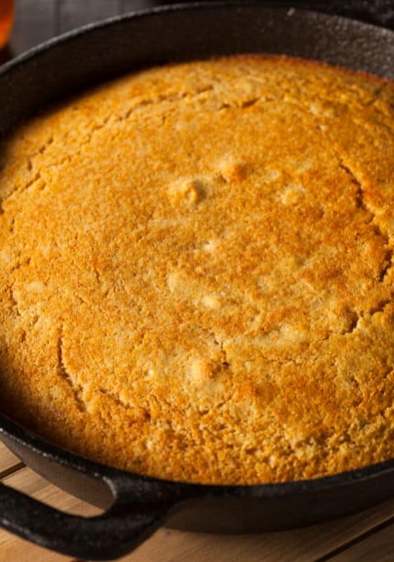 Cornbread in a cast iron skillet. The best homemade cornbread recipe.