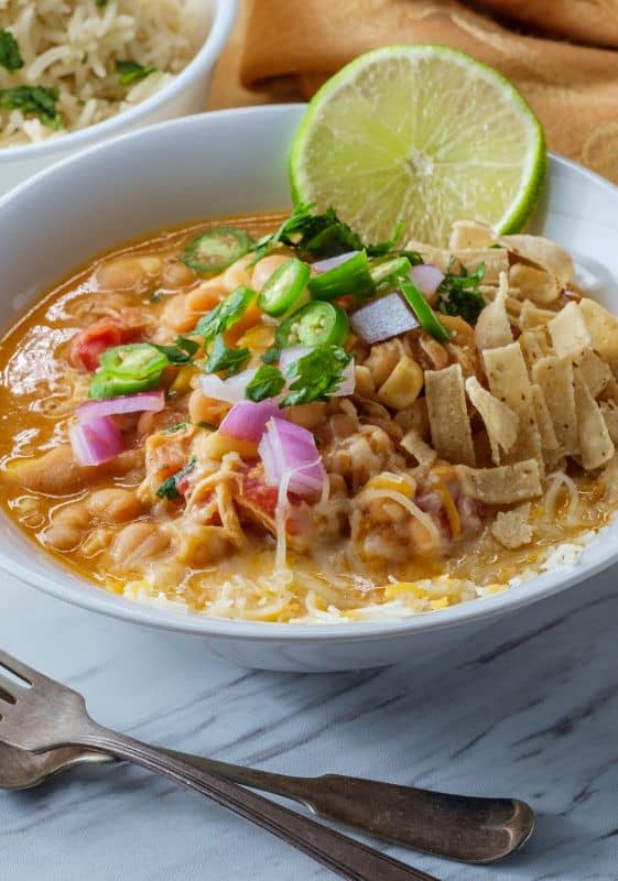 A bowl of flavorful and comforting white bean chicken chili.