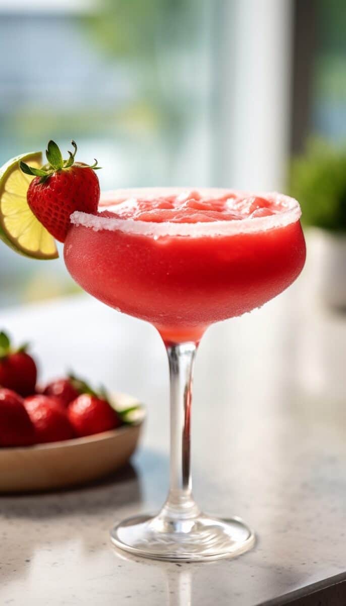 Glass of frozen strawberry margarita garnished with a strawberry slice and lime wedge, with a salt-rimmed edge.