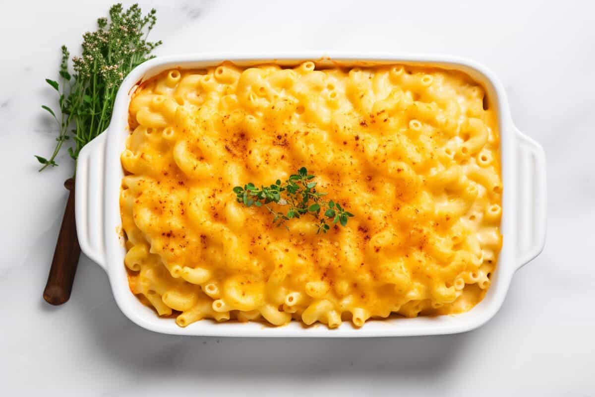 Overhead view of Baked Mac and Cheese with a crispy Parmesan topping in a baking dish.
