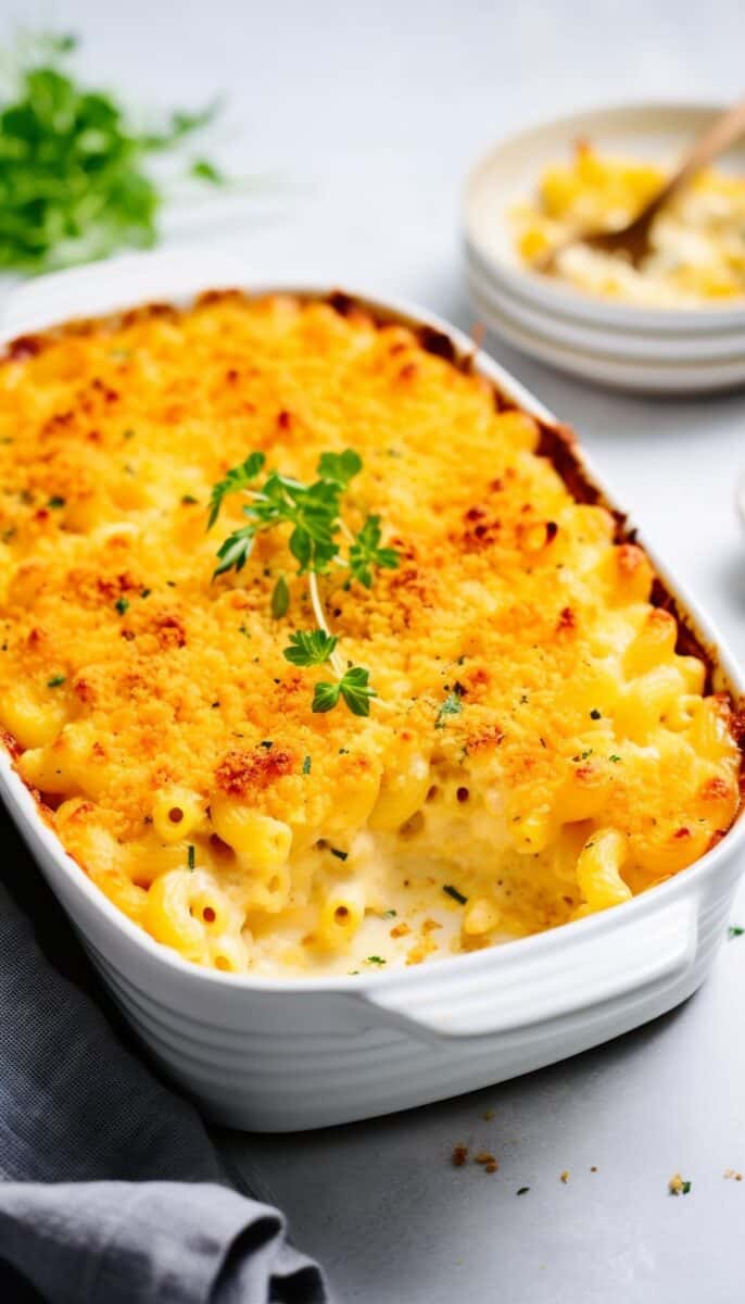 Golden-crusted Baked Mac and Cheese in a ceramic baking dish.