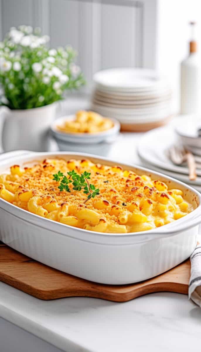 Golden-crusted Baked Mac and Cheese in a ceramic baking dish.